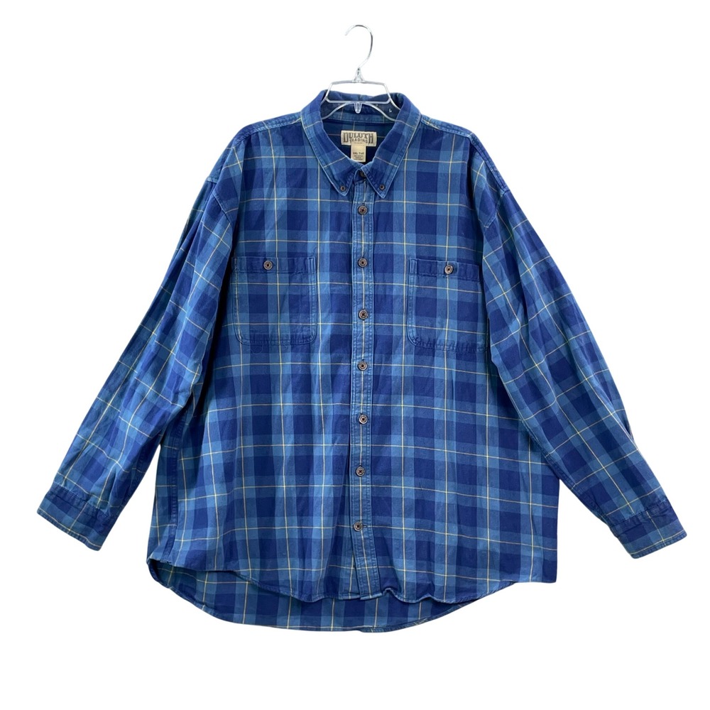 Duluth Trading Co Flannel Shirt Mens 3XL Tall Blue Plaid Cotton Button Down Work